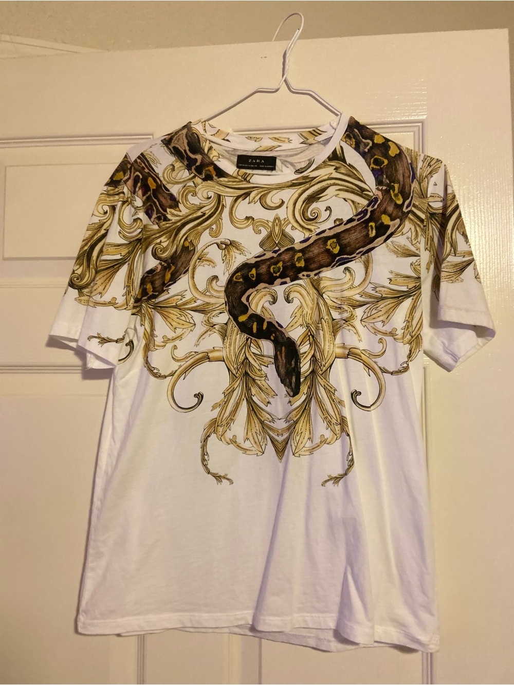 Zara White T-Shirt with Gold Baroque and Brown Snake Print